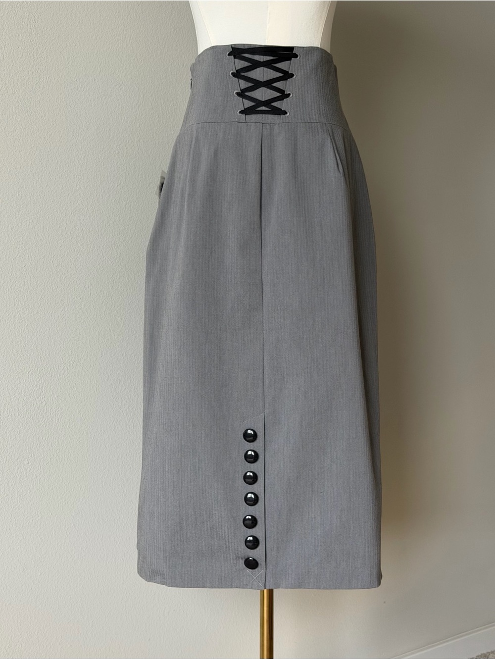Victorian Style Worthington High Waist Midi Gray Pencil Skirt with Black Trim-8 - Picture 2 of 15